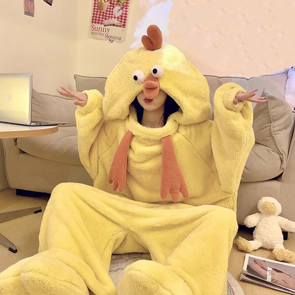 Adult Onesie Pyjama Animal Halloween Yellow Chicken Costume Unisex Onesies Plush Cosplay Pajamas Set One-Piece Sleepwear Blanket