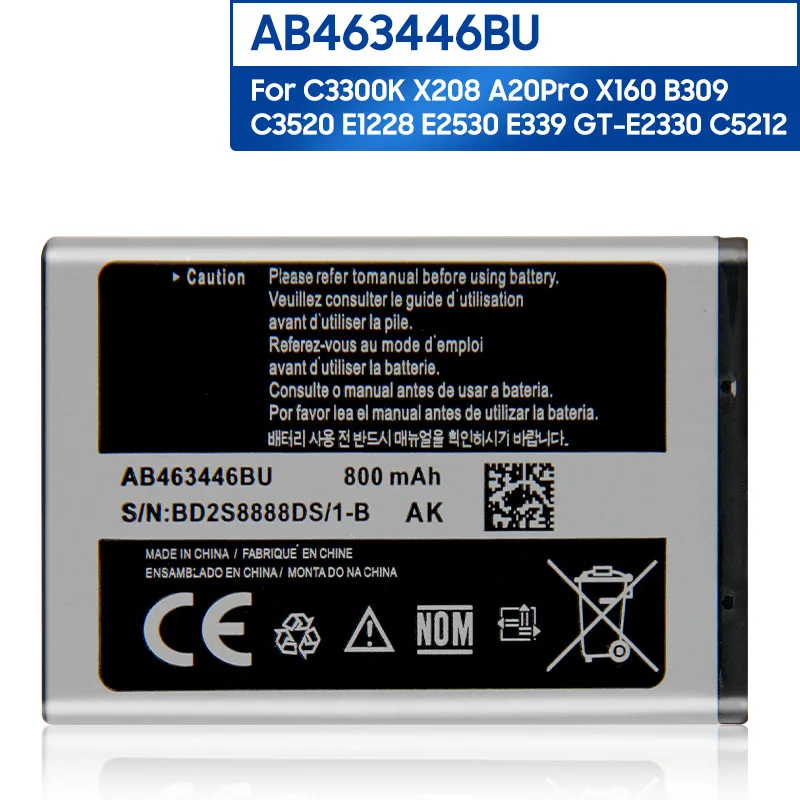 

NEW Phone Battery AB463446BU For Samsung C3300K X208 X520 F258 B189 B309 F299 E329 C3520 E1200M E339 E2330 800mAh