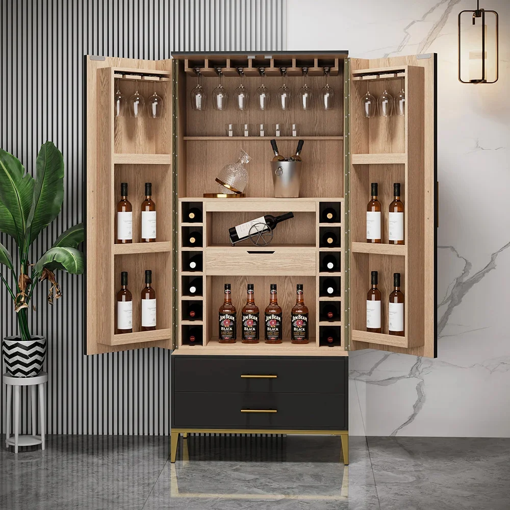 

Factory Customized Black Bar Cabinet with Door Modern Storage Home Bar Cabinet with Glass Rack&Drawers