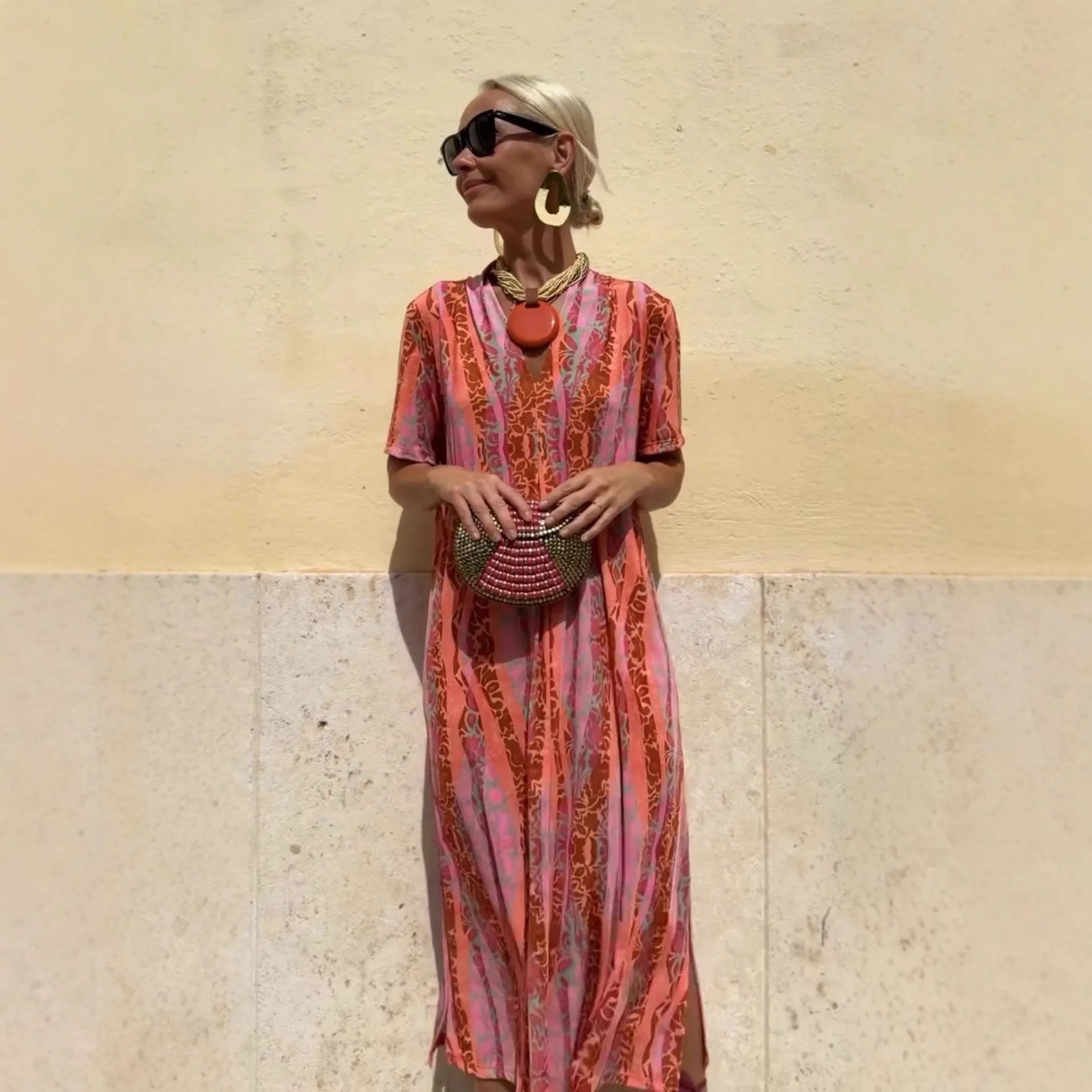 

Summer Vintage Print Long Dresses Women Casual Loose V-neck Short Sleeves Slit Dress Female Pullover Vestidos Commuting Clothing