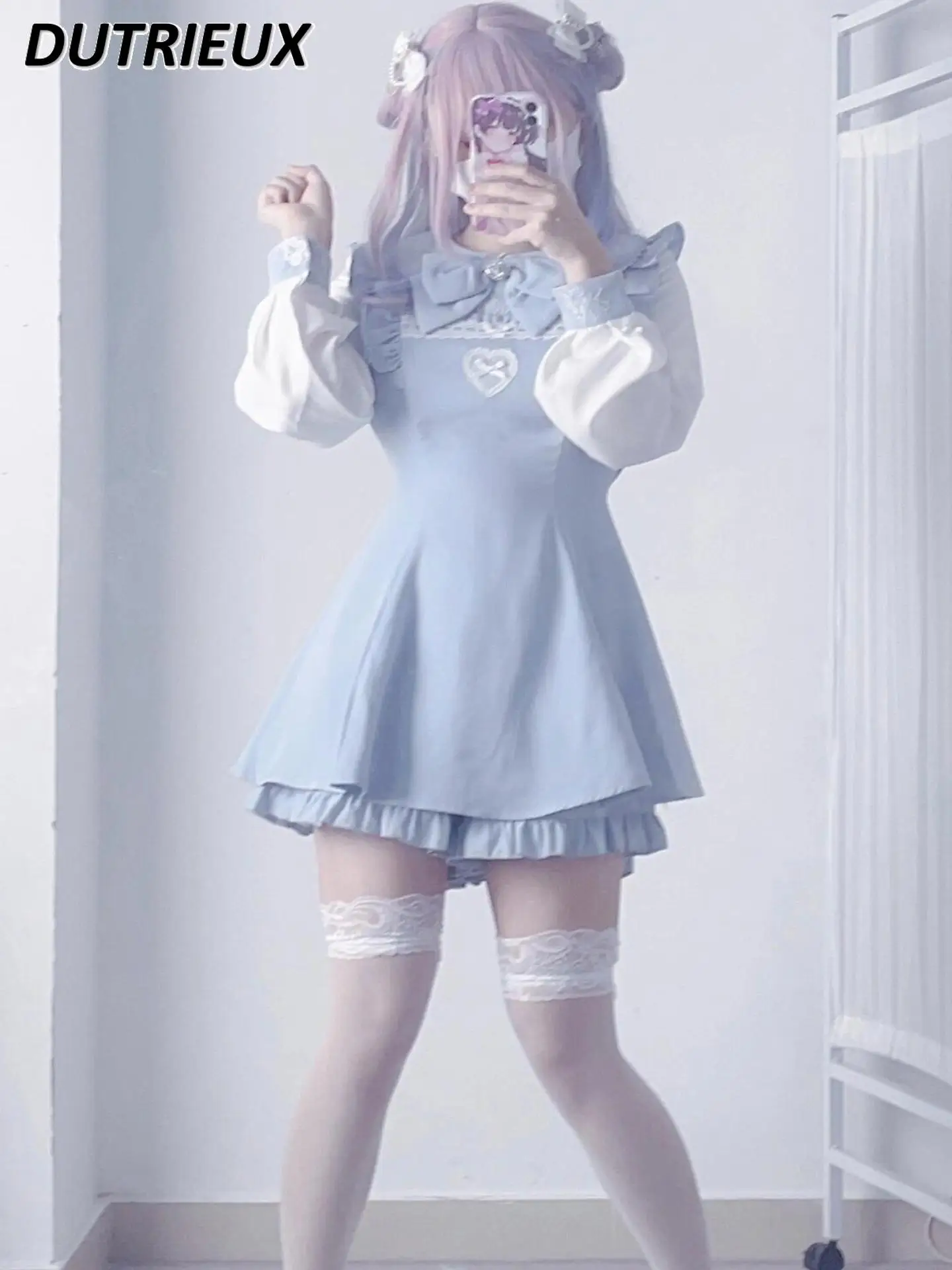 Japanese Style Mine Lace Trim Long Sleeve Water Color Waist-Tight Dress and Base Shorts Lolita Sweet Girls Two Piece Set