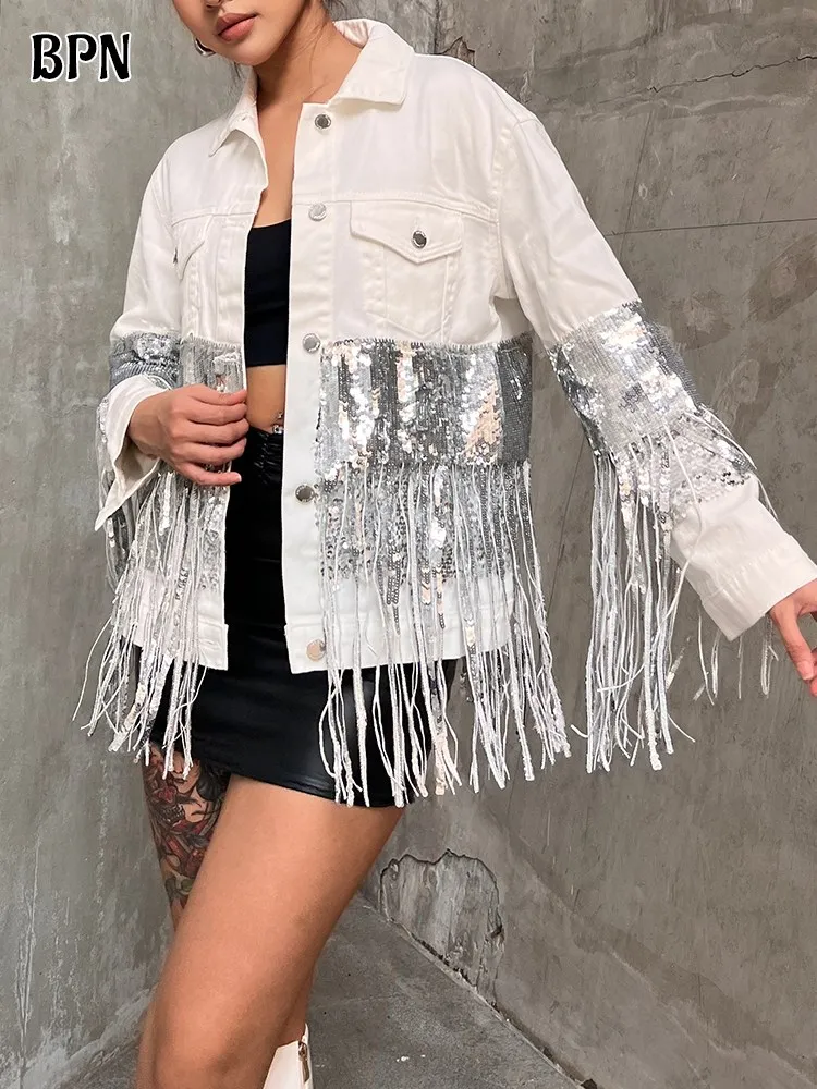 

BPN casual spliced tassel jackets for women lapel long sleeve patchwork single breasted hit color coats female fashion clothing