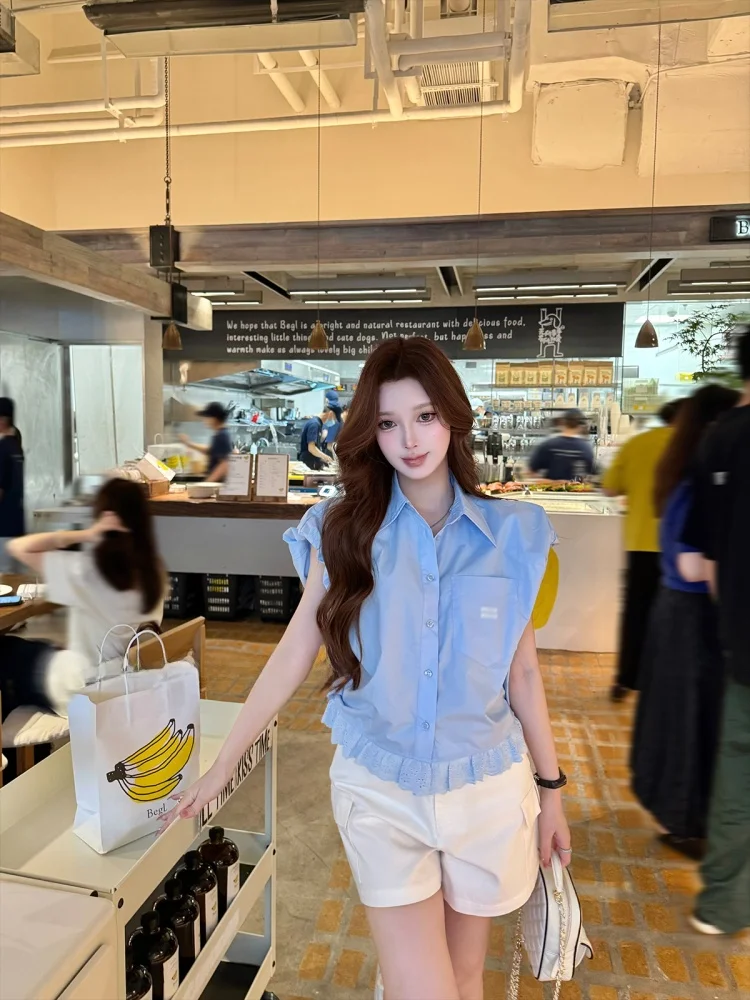 

Summer Blue Printed Cotton irt with Lace Cuff Letter Pattern Straight Cut Collar Women's Regular Length irt