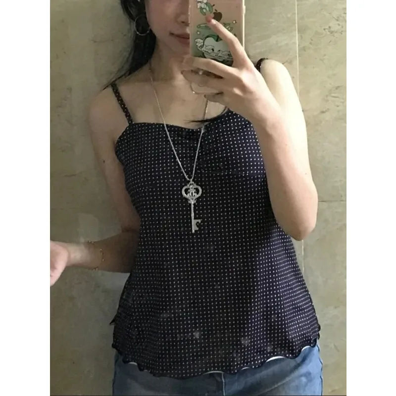 Summer Retro Polka Dot Camisole Waistband A-line Pleated Top Vintage Y2k Sweet Spicy Japanese Camisole Pornhub Crop Top Cute