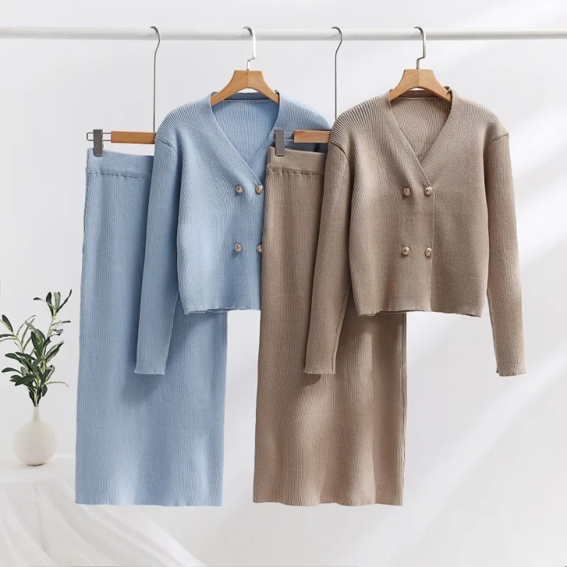 Women Elegant Knit V Neck Cardigan Sweater Women Tracksuits Wide Leg Pants Sutis Autumn Winter Fashion 2 Pieces Sets Outfits