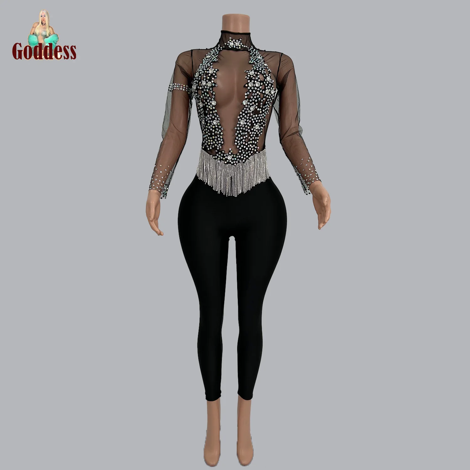 Sparkly Rhinestones Tassel Jumpsuit Women Sheer Mesh Club Prom Pole Dance Outfit Dance Leggings Performance Jumpsuit Stage Wear