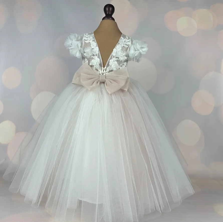 Robe de Princesse à Fleurs pour Fille, Tenue de Soirée de Mariage, en Dentelle Florale, Appliques en Tulle, de Bal, de Première Communion, avec Traîne Amovible