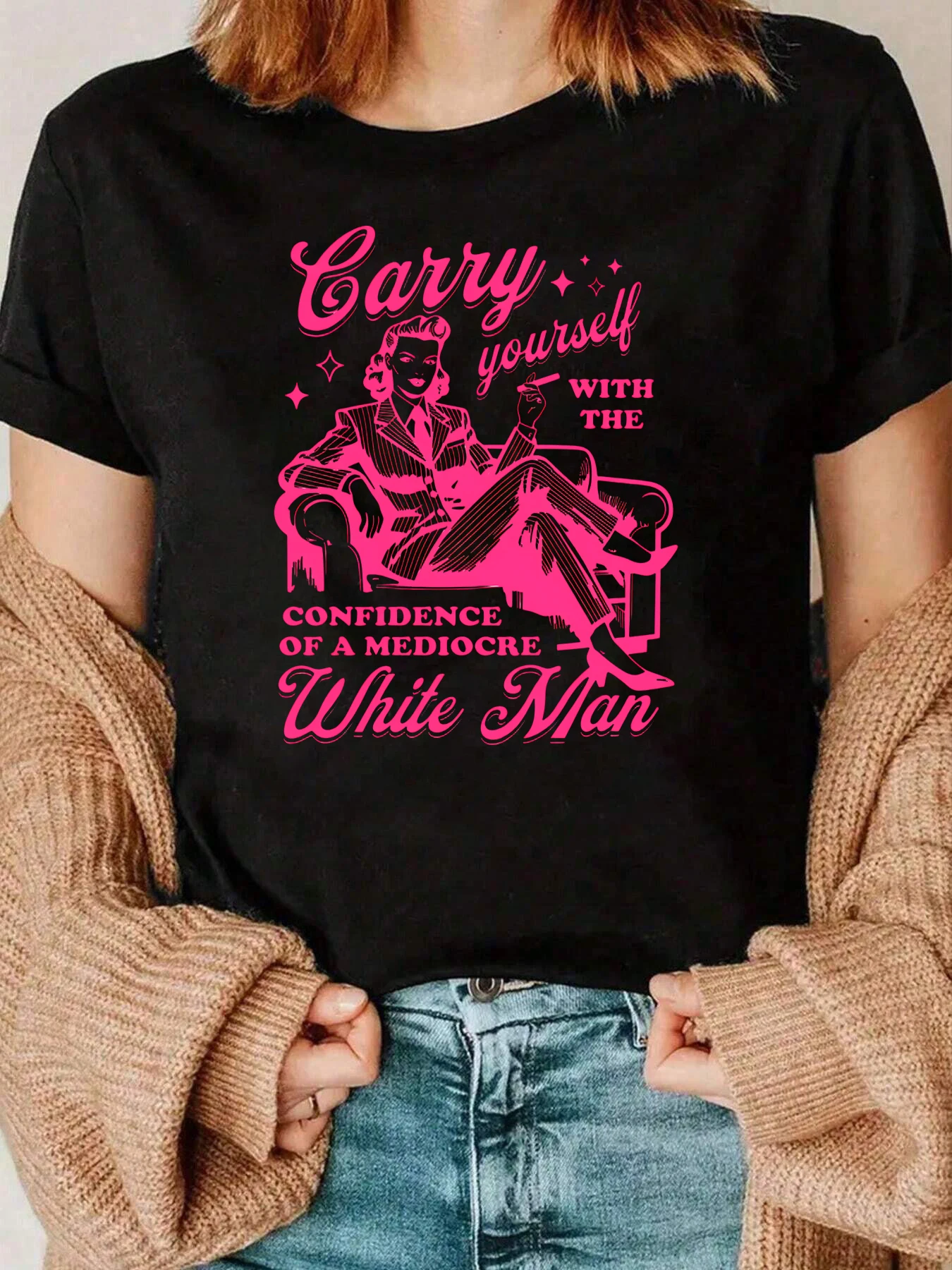 Camiseta rosa Vintage con gráfico para mujer, camiseta blanca con confianza en mediocre, ropa informal para mujer, 220g
