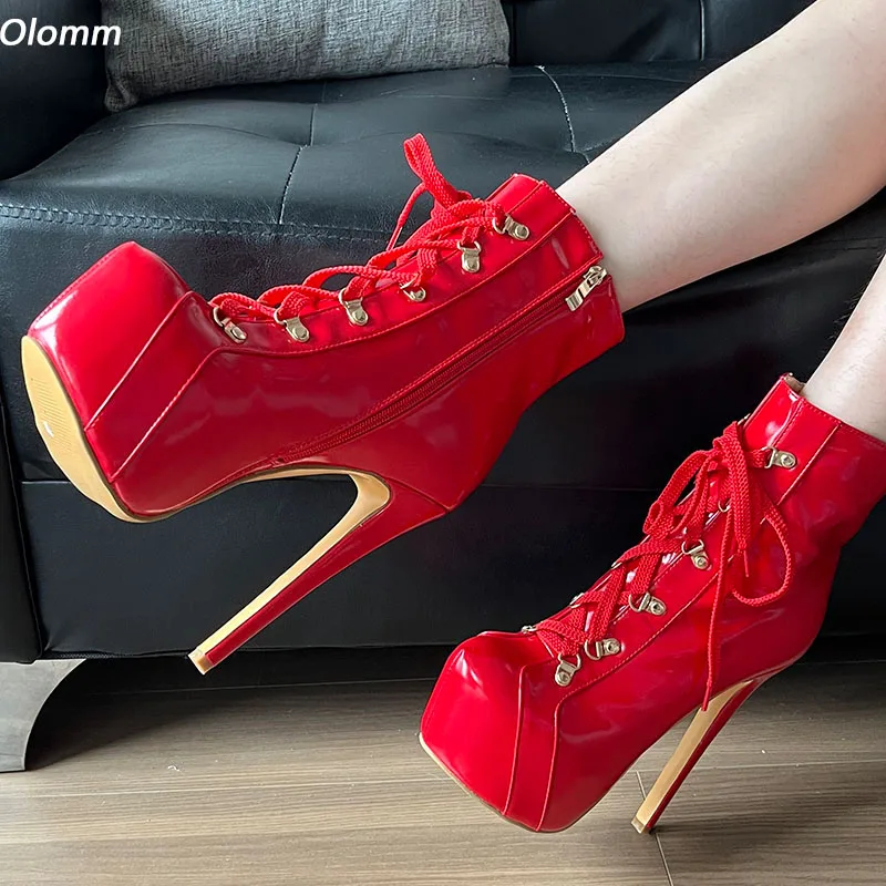 

Olomm Women Winter Platform Ankle Boots Lace Up Stiletto Heels Round Toe Amazing Red Party Shoes Ladies Plus US Size 5-20