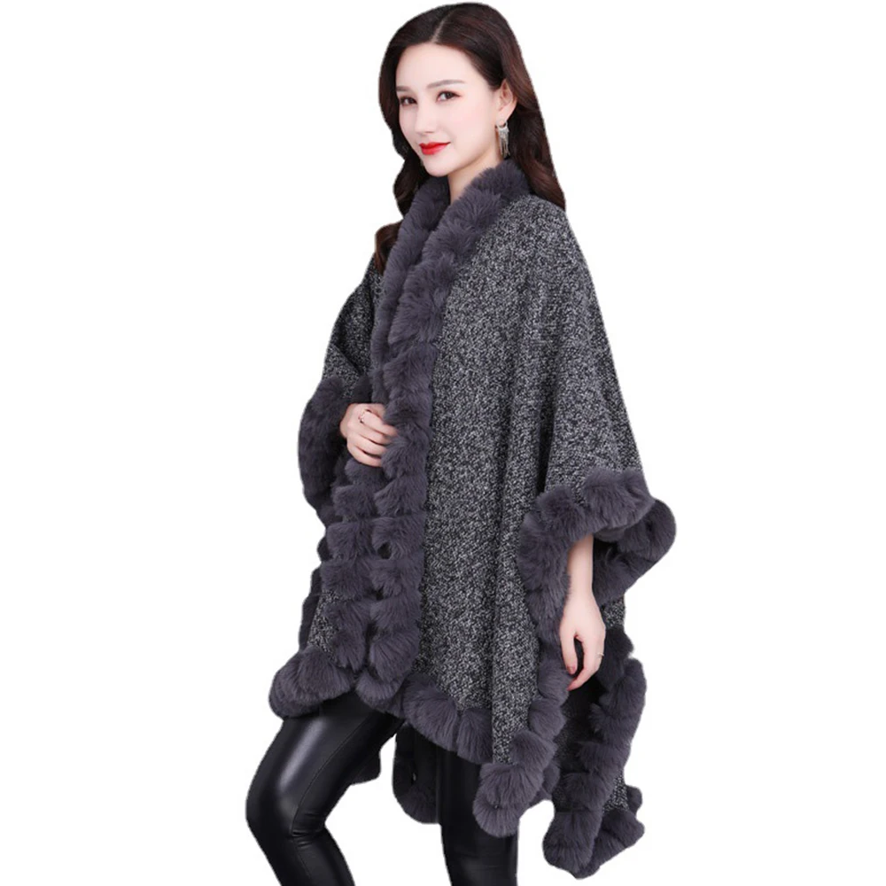 

Grey Winter Warm Luxury Faux Fur Coat Rabbit Fur Poncho Fashion Fur Shawl Wraps Loose Plus Size Women Fluffy Fur Long Cloak Cape