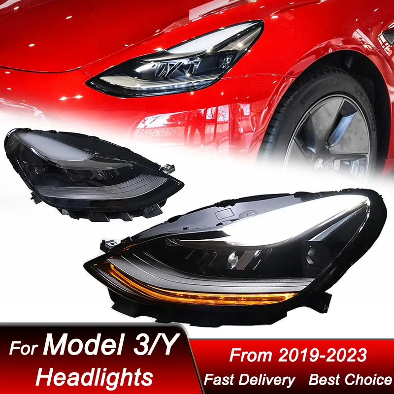 

Поп-автомобильные фары для Tesla Model 3 Model Y 19-23 Новый стиль, светодиодные автомобильные фары в сборе, обновленный комплект аксессуаров для линз проектора