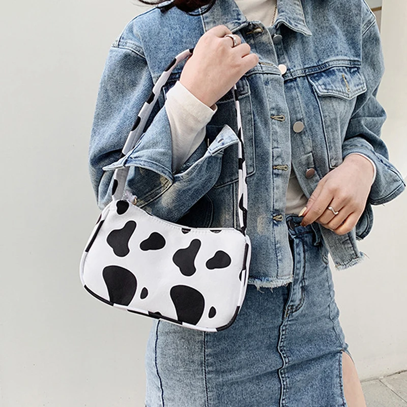 Spring Women Small Handbag Cow Pattern Print Tote Ladies\' Fashion Underarm Bag Zipper Half Moon Bags Purse