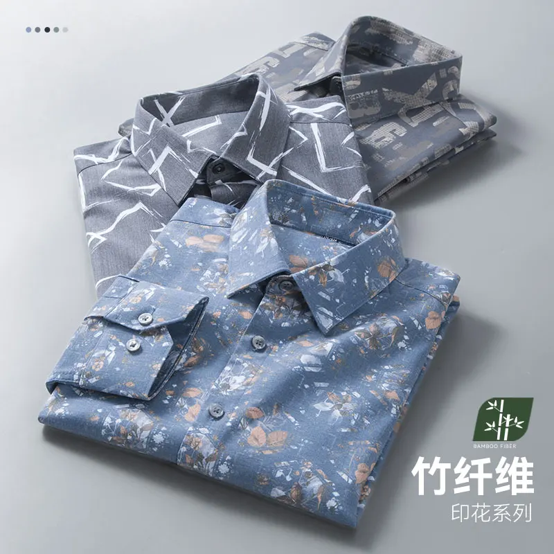 New in shirt long-sleeve shirts for men Casual Print slim fit plain shirt elastic tends retro tops elegants designer clothes