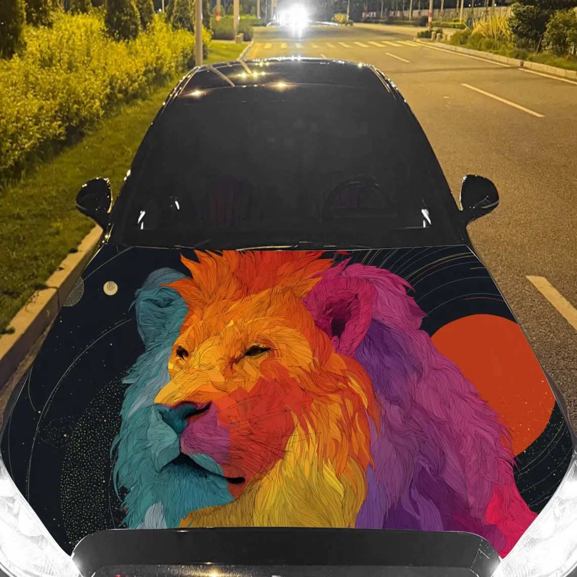 Car Decal Lion with Multicolor Geometric Artistic Background & Ferocious-Dynamic Aesthetic Car Hood Sticker, Waterproof Self - A