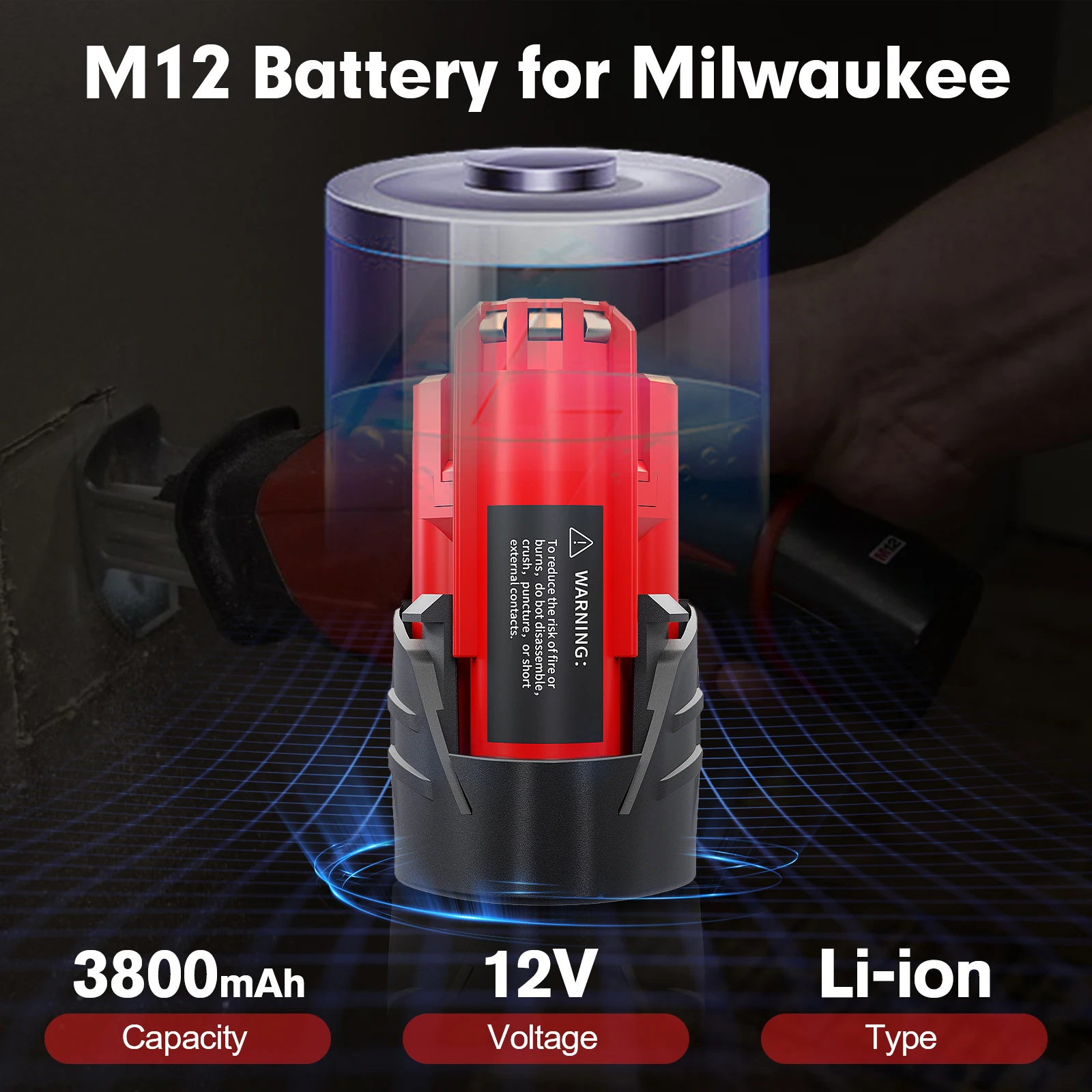 3.8Ah Battery For Milwaukee M12 Replacement Battery 3800mAh For 12V Cordless Tools 48-11-2402 48-11-2411 48-11-2401 MIL-12A-LI