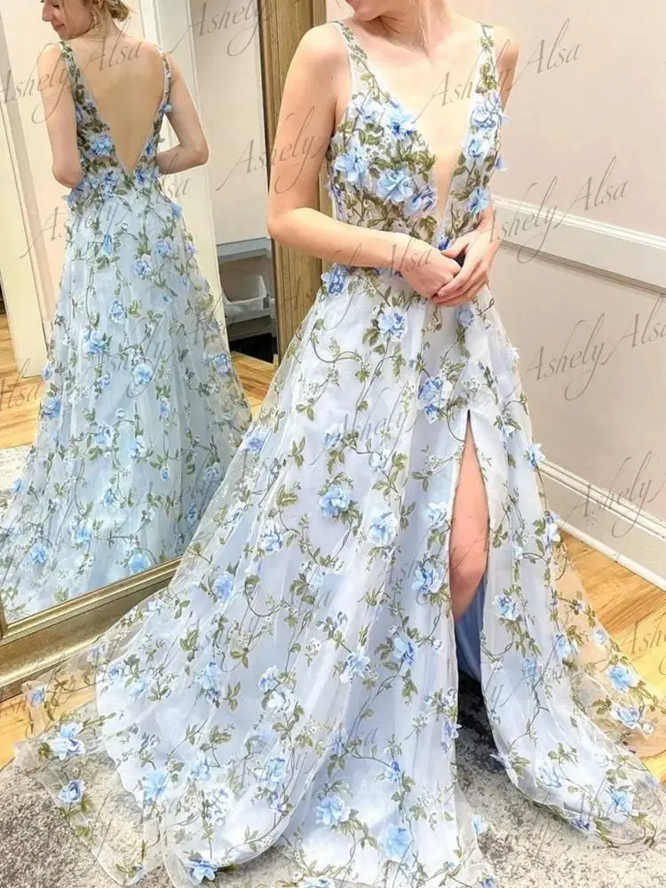 Summer Boho Holiday Dresses Women 2024 V Neck 3D Flower Sexy Front Slit Party Occasion Dress Formal Evening Gown sفساتين سهرات