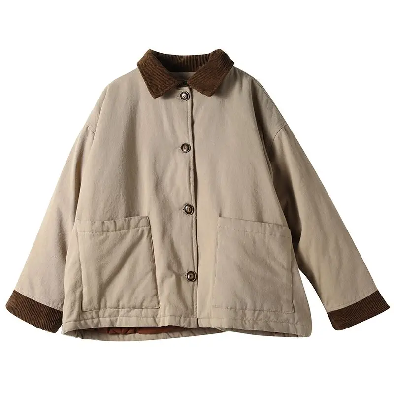 Outono inverno casaco de algodão feminino vintage manga longa turn down collar grosso quente jaqueta literária bolsos e12416