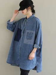 Spring Korean Style Denim Shirts Jackets For Women Loose Casual Personality Design Patchwork Pckets Lapel Streetwear Female Coat