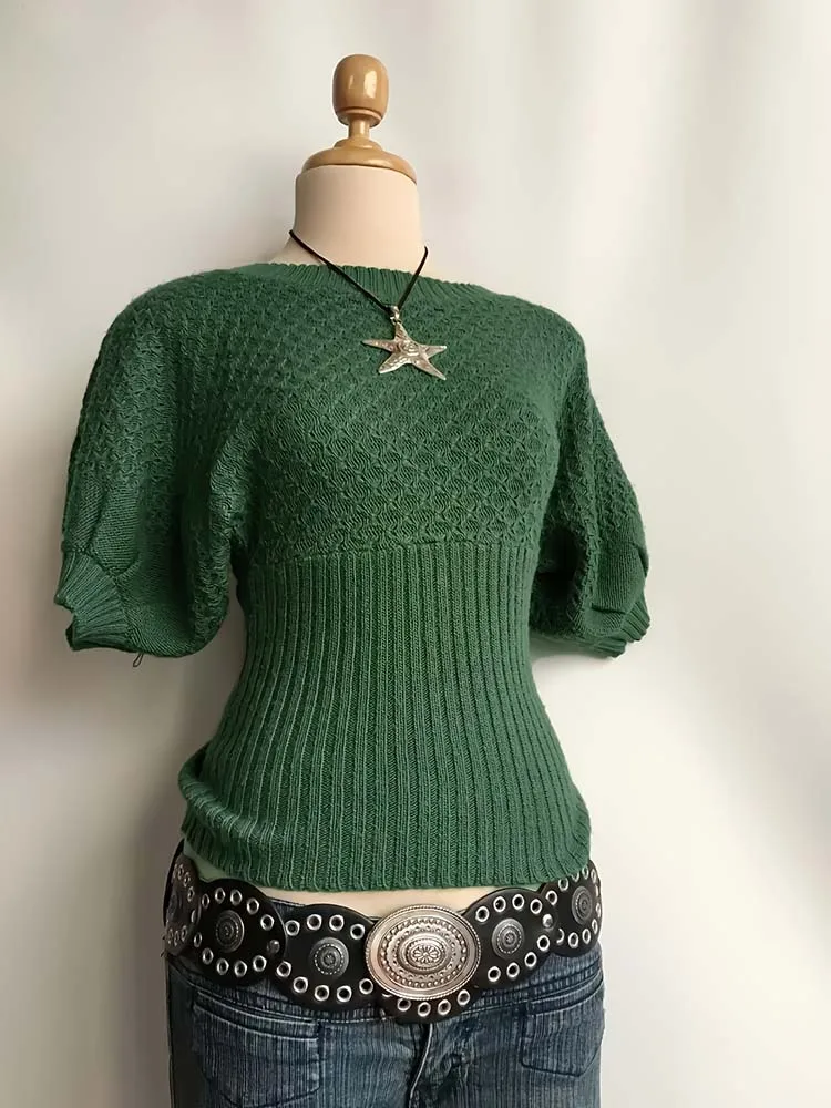 

Solid Color Crew Neck Knitted T Shirt Casual Short Sleeve Women's Fashion Top Princess Sleeveless Polo Neck Sweater