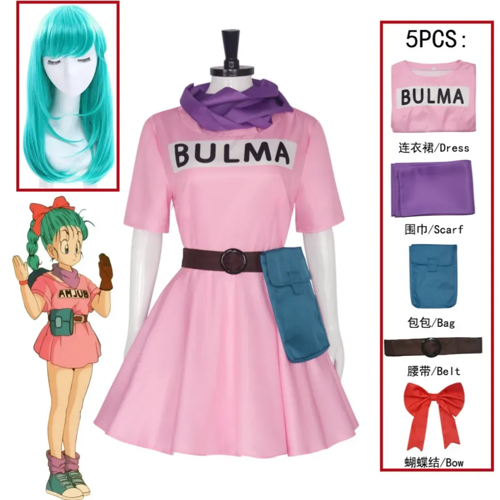 ชุดเดรสสีชมพูชุดคอสเพลย์ผู้หญิงอนิเมะ Bulma ชุดเสื้อผ้าสำหรับผู้ใหญ่ชุดงานปาร์ตี้หน้ากากงานคาร์นิวัลน่ารัก