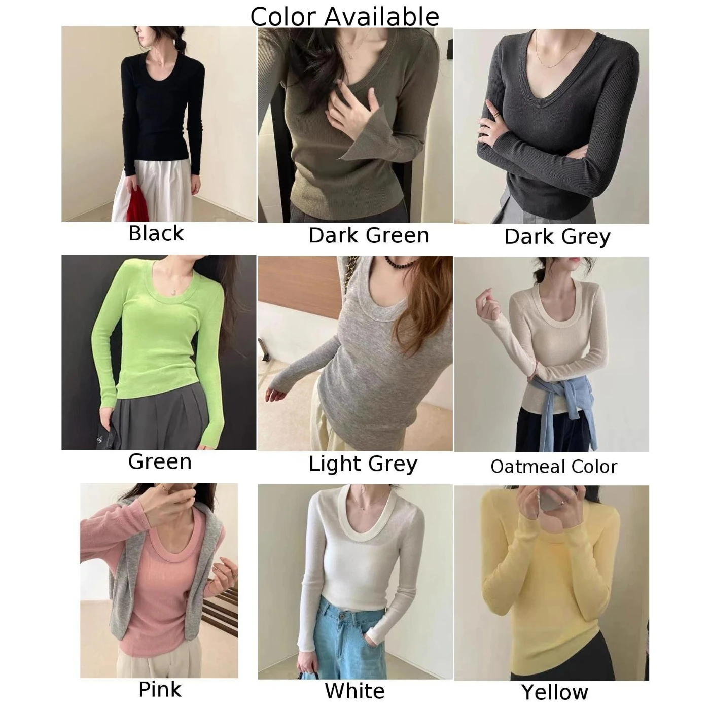 تي شيرت نسائي كوري برقبة على شكل حرف U وأكمام طويلة وطبقة أساسية كاجوال بقصة ضيقة ومصمم للاستخدام اليومي والعطلات