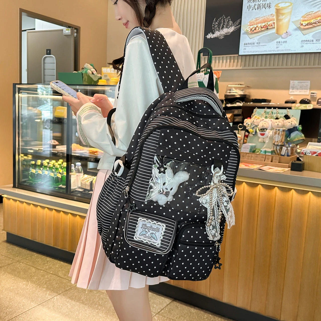 LEFTSIDE Girls Big Backpack Transparent Pocket Large Capacity Cute Teen Student School Book Bags Casual Daily Travel Rucksack