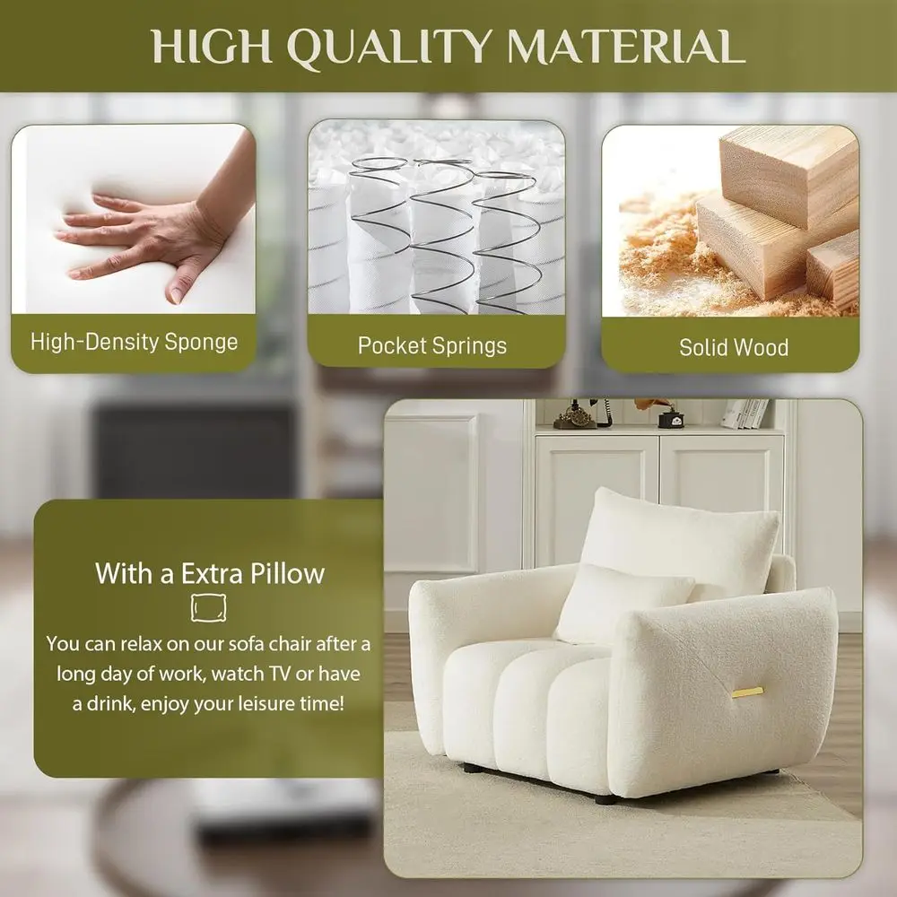 كرسي أريكة فردي من القطيفة الحديثة، أريكة ذات مقعد عميق كبير الحجم، كرسي بذراعين منجد مريح للمساحات المعيشة، بيج Whi #3