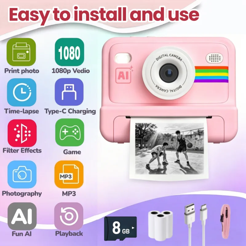 AI Voice-Controlled Instant-Print Camera with HD Effects—5-in-1 Multifunctional Set, Includes Photo Stickers, an 8GB Memory Card, and a Card Reader—Enjoy the Fun of Photography to the Fullest