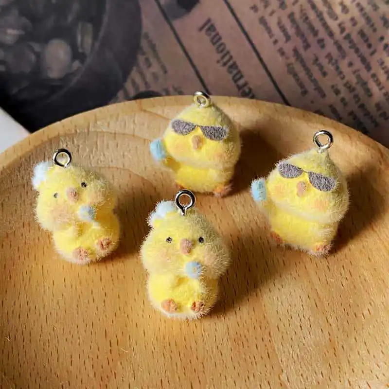 

20pcs 3D Fluffy resin Charms cute Sunglasses Small Yellow Chicken Pendant For phone Bag Keychain Earring DIY Crafts Jewelry make