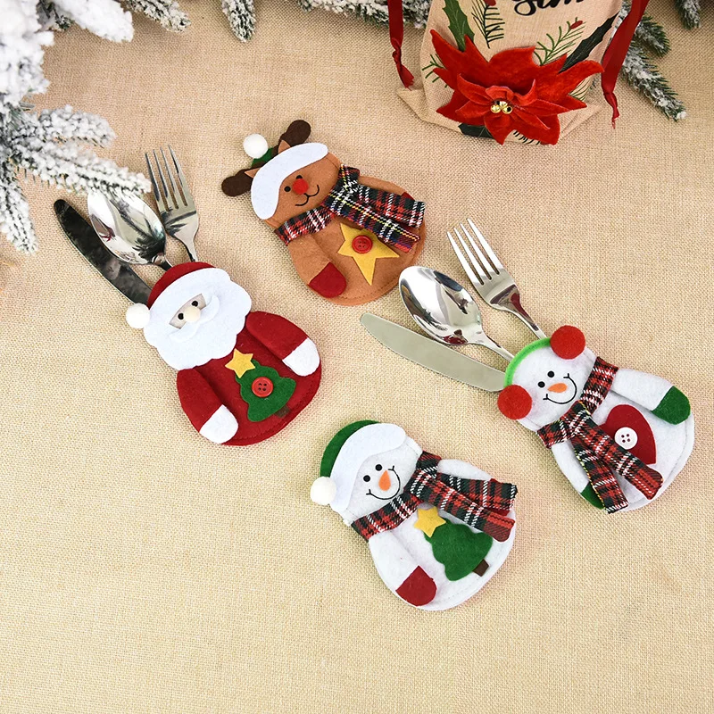 Christmas Elder Snowman Elk Doll Knife And Fork Cutlery Set Cloth Art Knife And Fork Set Decoration For XMAS Dining Table