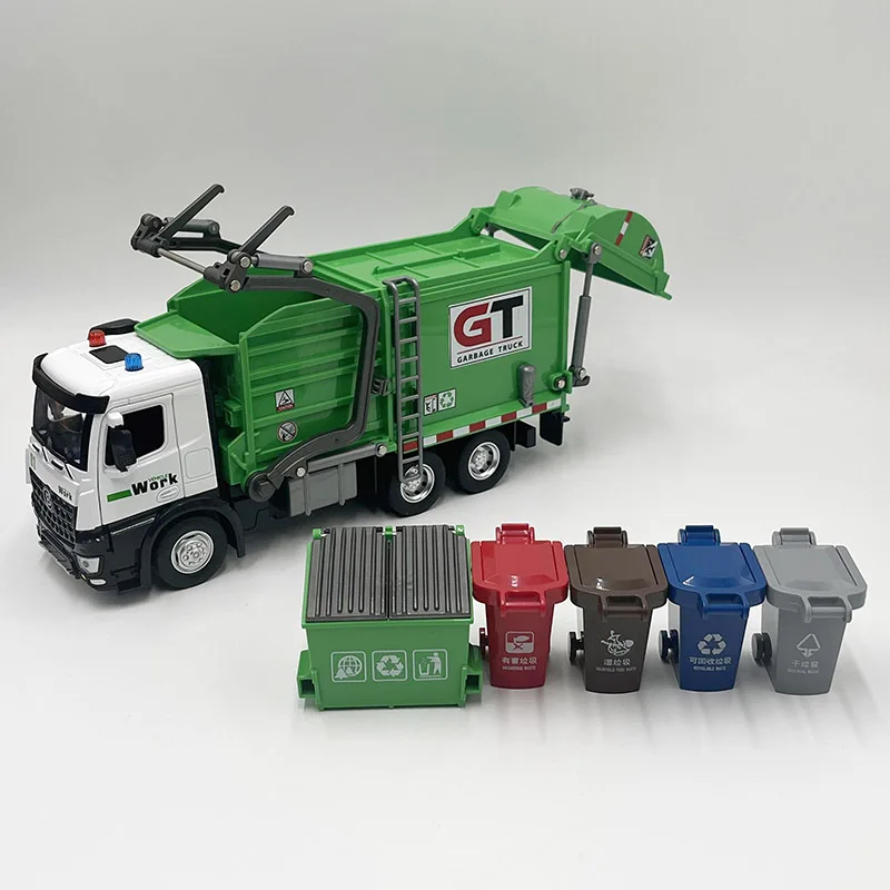 

1:32 Diecast Metal Model Toy Sanitation Garbage Truck Miniature Replica With Sound & Light