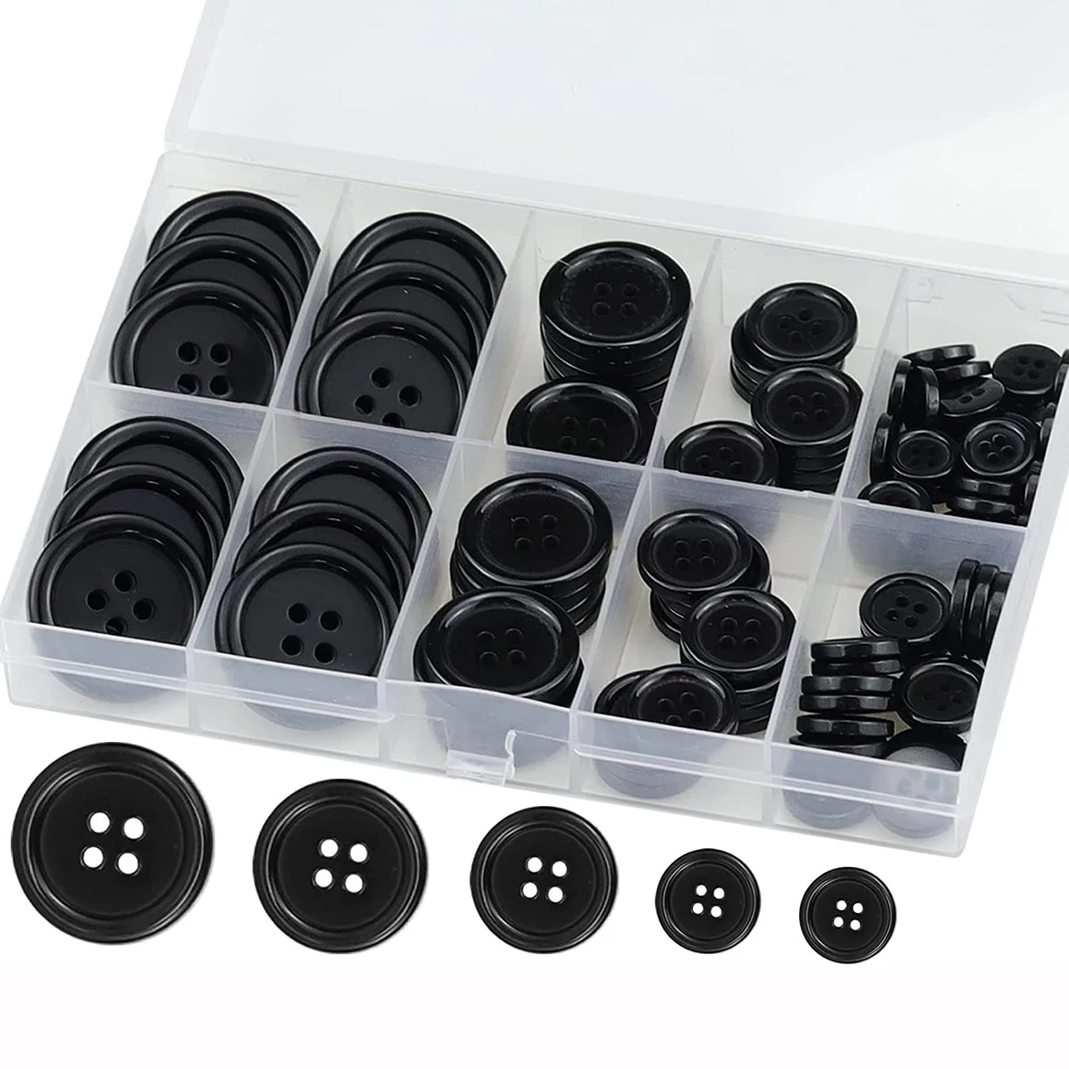 100 Pcs Black Resin Sewing Buttons, Mixed 5 Sizes of Black Buttons Suitable for Sewing Decoration 4-Hole Craft Buttons