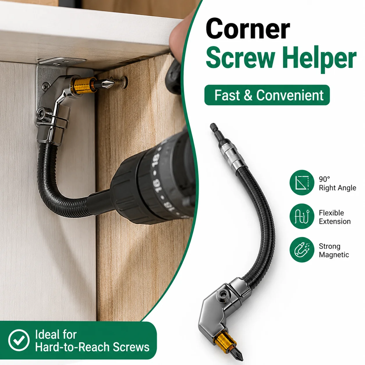 Rafford 90 ° Rechtwinkliger Schraubendreher-Bit-Adapter, flexibler Verlängerungsstab, doppelseitiges, selbstsicherndes Eckbohrwerkzeug für enge Räume – Detail 2