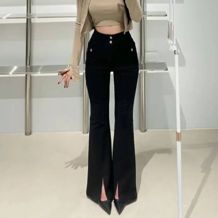 High Waist Chic Autumn Design Slimming Split Design Micro Flared Jeans Long Pants Women's Fashion Casual Straight Leg Jeans