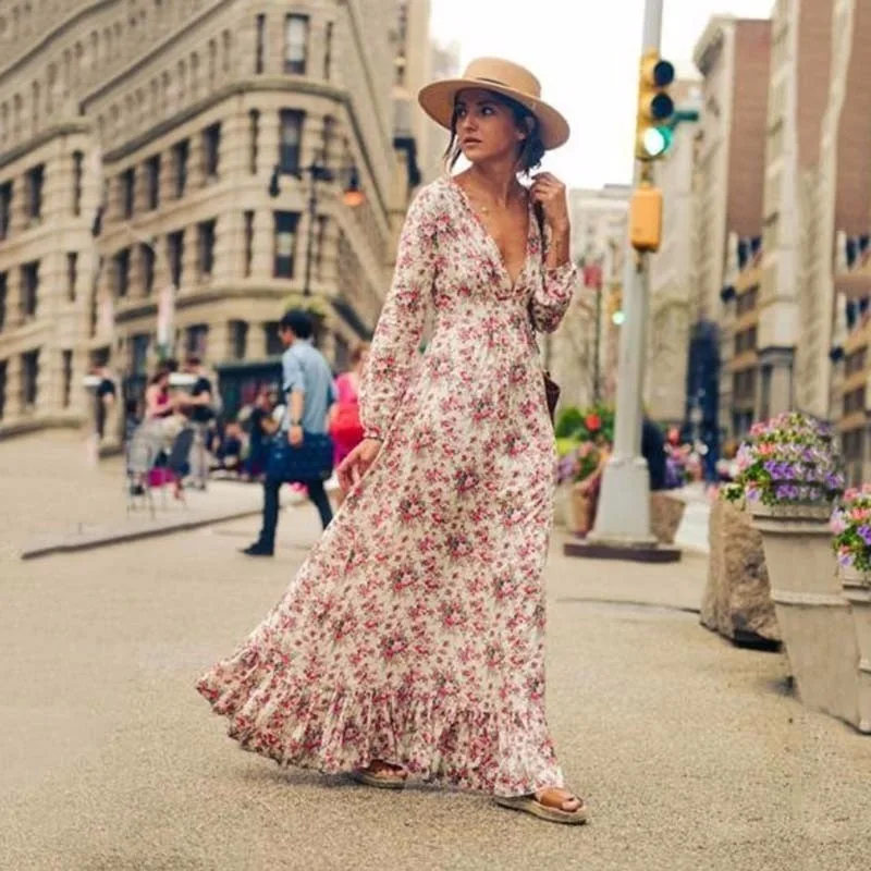 Robe maxi à imprimé floral pour femmes, manches longues, vintage, col en V profond, sexy, éducatif, tenue de plage décontractée, style bohème, printemps 2023