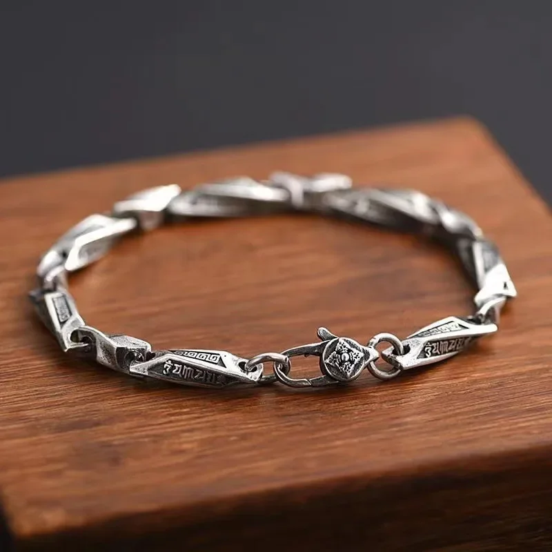 NEW Real S925 Silver Jewelry Accessories Retro Style Six Character Truth Fashion Mobius Bracelet for Men and Women