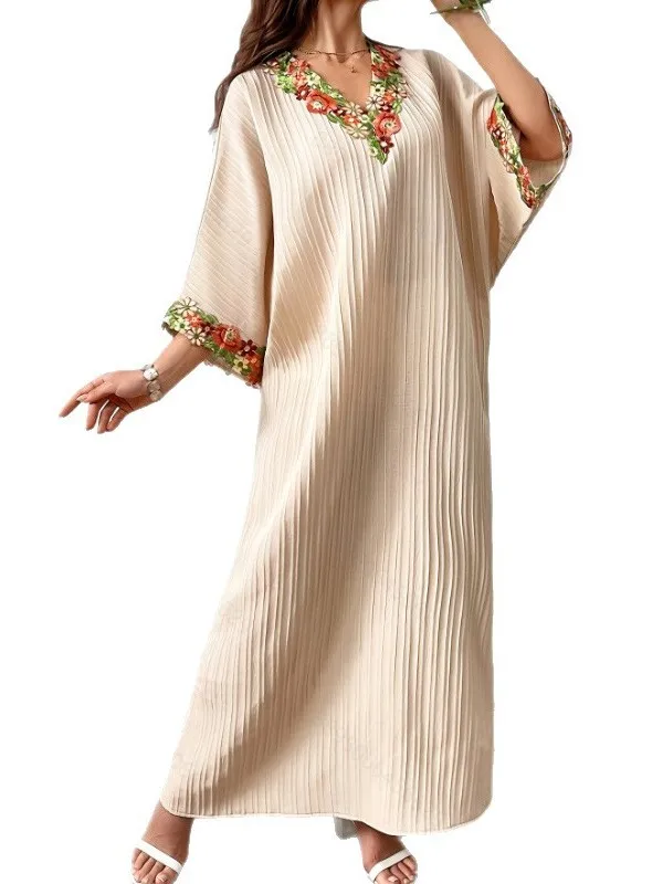 Ele V-ne Batwing Sve Plissee Loose Long Dr Damen Faion Herbst 2025, Polyesterfaser, H-förmig, lässig, Dr