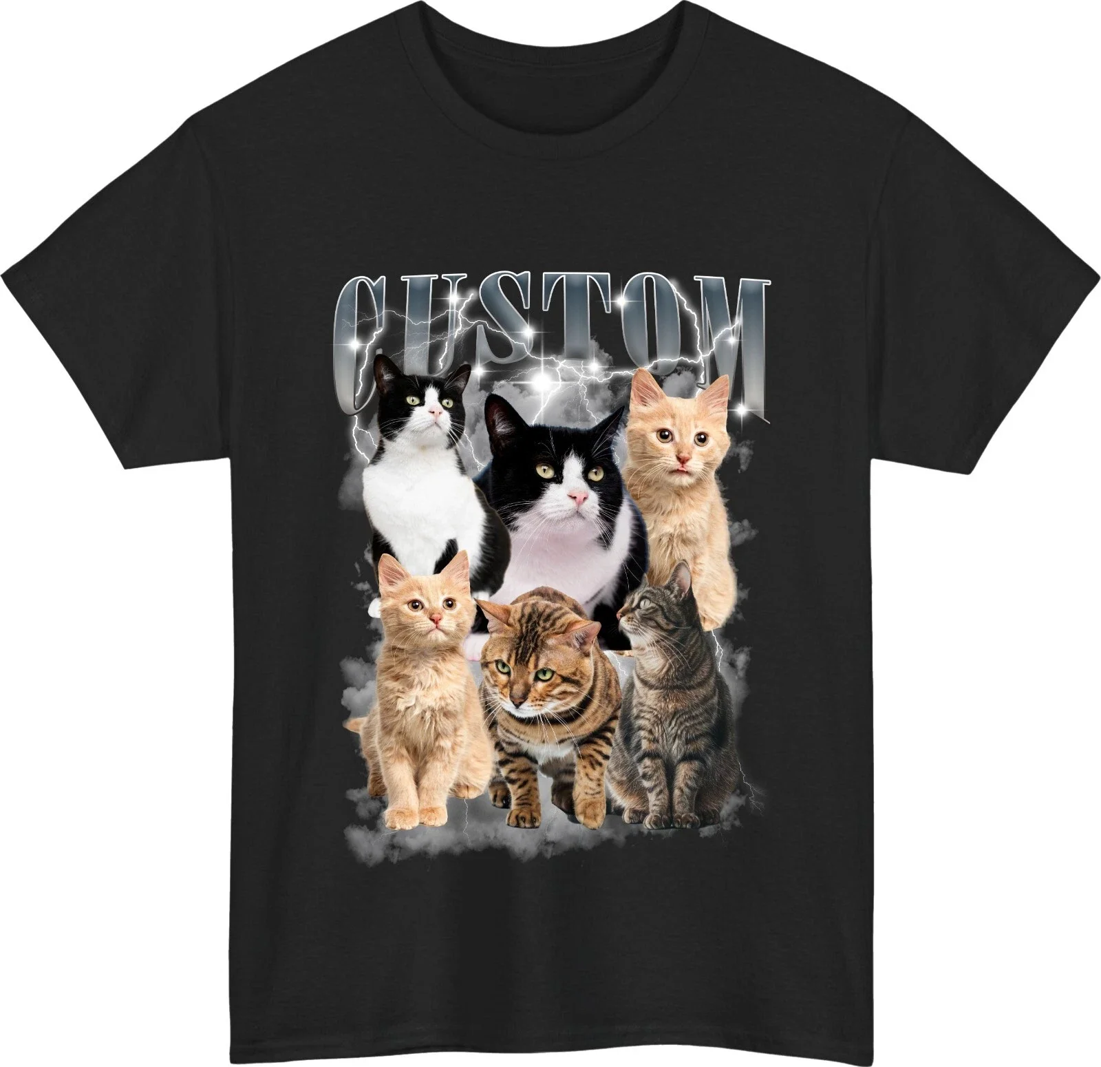 Personalized Custom Pet Cat Picture T Shirt Retro Lightning Smoke Design Cotton Short Sleeve Tops Kitten Owner Gift Casual Daily