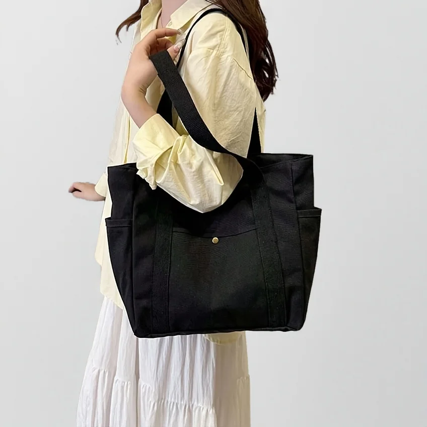 

Large Capacity Canvas Tote Bag with Shoulder Strap - Lightweight, Durable & Versatile for Work/Travel/Everyday, Black