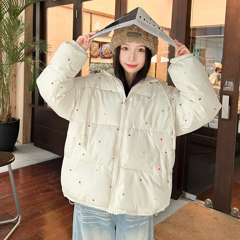Korean Style Polka Dot Hooded Cotton Coat for Women New Loose Long Sleeve Thick Warm Bread Jacket Winter Sweet Parkas Outerwear