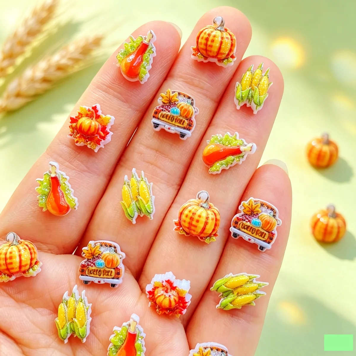 60Pcs Fall Thanksgiving Resin Nail Charms Mixed Pumpkin Maple Leaf Turkey Corn 3D Flatback Ornaments DIY Nail Art Craft Decorati