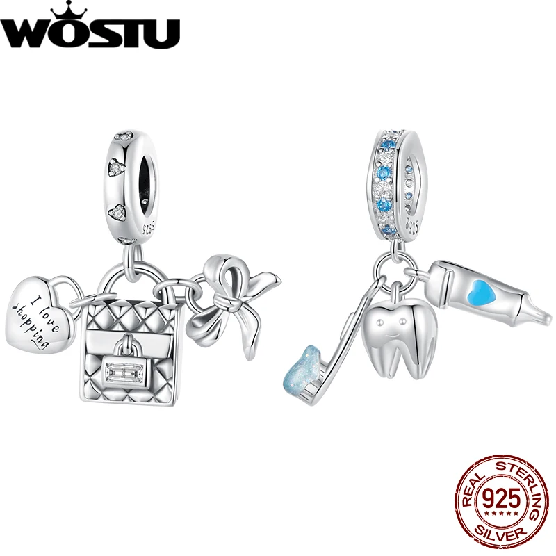 

WOSTU набор зубных щёток из стерлингового серебра 925 пробы, подвеска из трех частей, сумка для покупок, костюм, ювелирное изделие, оригинальный аксессуар для браслета