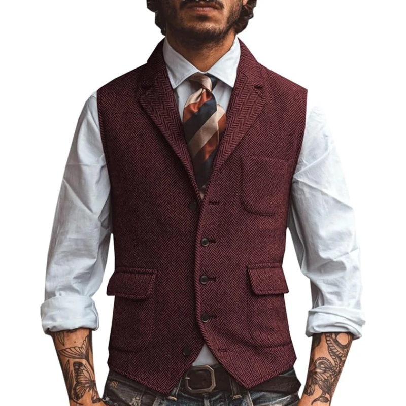 Colete masculino marrom espinha de peixe negócios colete jaqueta casual fino para casamento noivo banquete gilet colete