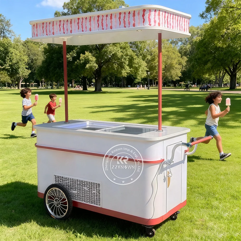 

Food Ice Cream Cart Mobile Food Cart with LED Lights Gelato Showcase Outdoor Flower Cart Ice Cream Display Case Hot Dog Cart