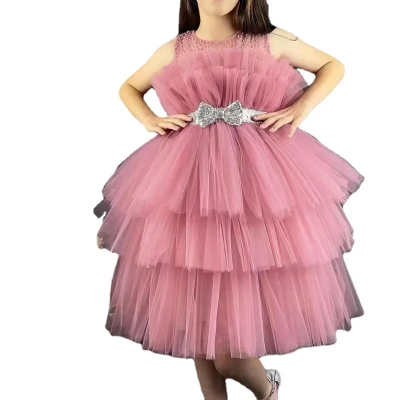 Vestido de tul con lentejuelas para niña pequeña, vestido de boda y cuello redondo con lazo, ropa de fiesta para niños, vestido de princesa rosa, vestidos con lazo para niña