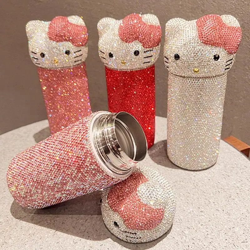 

Cute Hello Kitty 304 Thermos Cup Sanrioed Cartoon Covered with Diamonds Portable Commuting Cup Cute Water Cup Anime Girls Gift