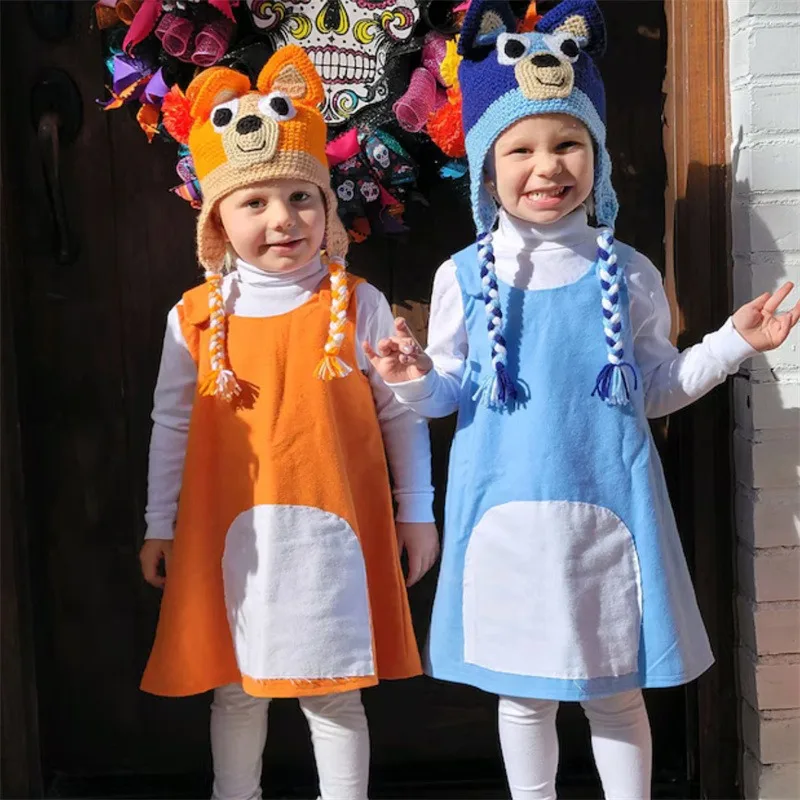 

New Style Creative Cartoon Cute Blueys Hand Woven Baby Cartoon Animal Hat Boys and Girls Ear Protection Hat Decoration Products