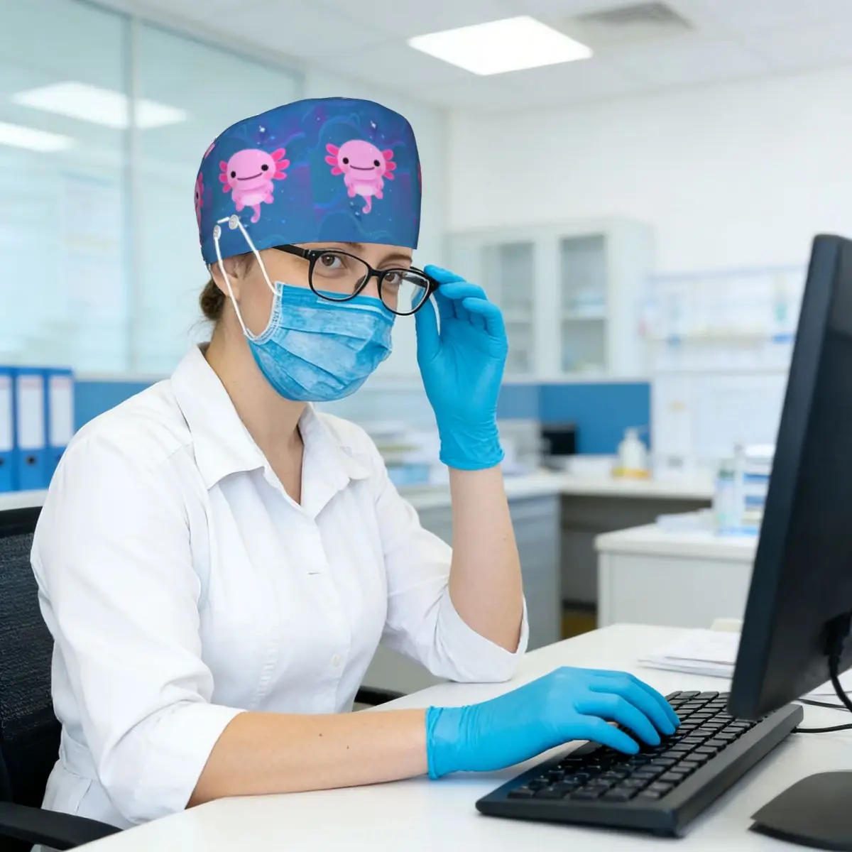 Kawaii Axolotl Mexican Salamander Scrub Hat Doctor Working Surgical Cap Unisex Adjustable Nursing Caps for Dentist