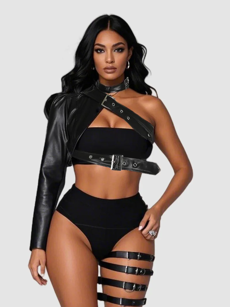 سترة سوداء من جلد البولي يوريثان بكتف واحد على طراز فاسق غير منتظمة لرقص الروك معطف لسائقي الدراجات النارية عصري للنساء