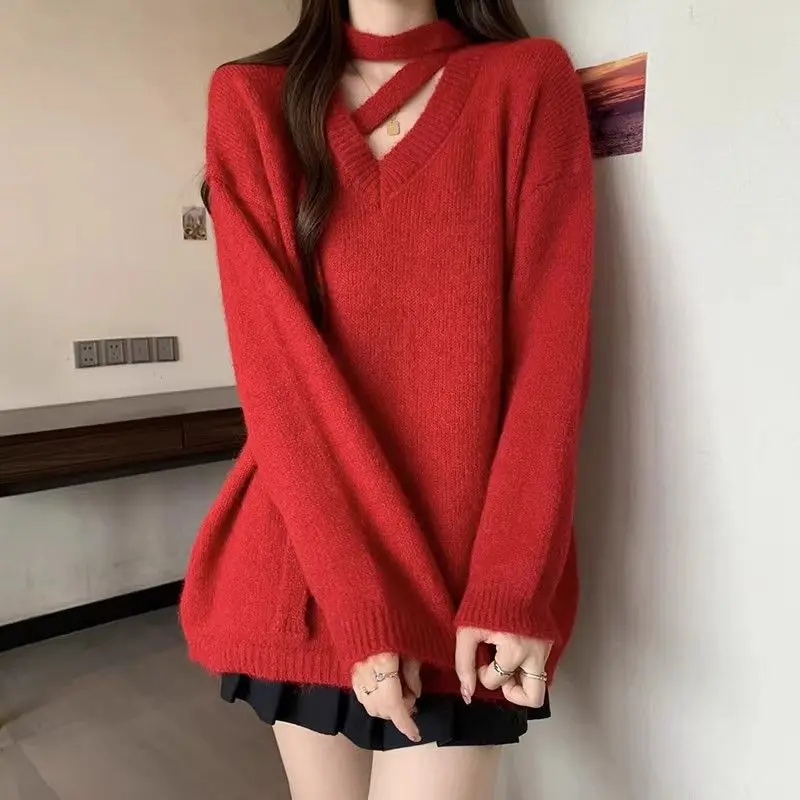 

Women's Solid Color Pullover V-neck Sweater Women's Autumn and Winter Mid-length Top